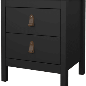 Sengebord/natbord Vesterholm Lunor - mat sort, 2 skuffer, lædergreb, FSC-certificeret, danskproduceret, H54ÃB44ÃD38 cm